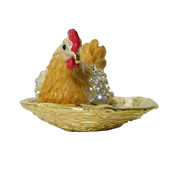 Hen with Eggs Hinged Box Bedazzled Gold Red White Silver Jeweled Collection - Picture 5 of 10